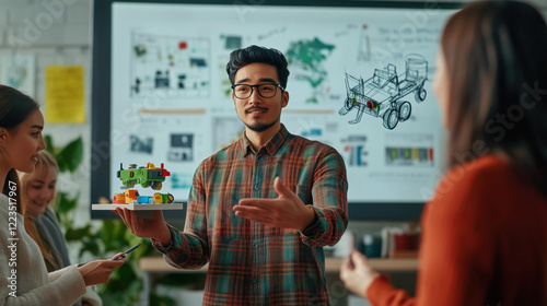 Toy Designer Holding a Small Prototype of a New Toy, Explaining Its Features to a Team in a Creative Studio with Digital Sketches and Consumer Trends on a Large Screen Behind