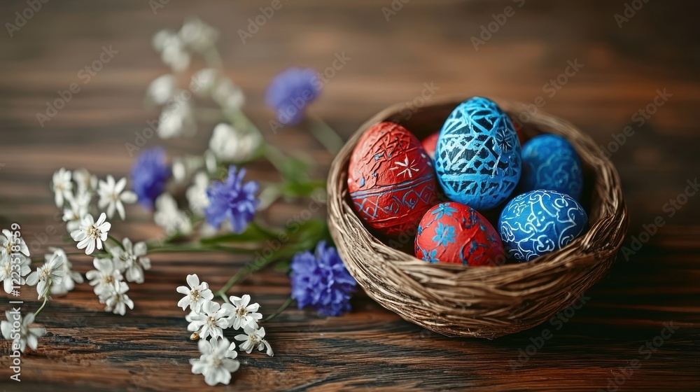 Wicker basket filled with vibrant red and blue Easter eggs, adorned with intricate patterns, accompanied by spring wildflowers on a rustic wooden surface