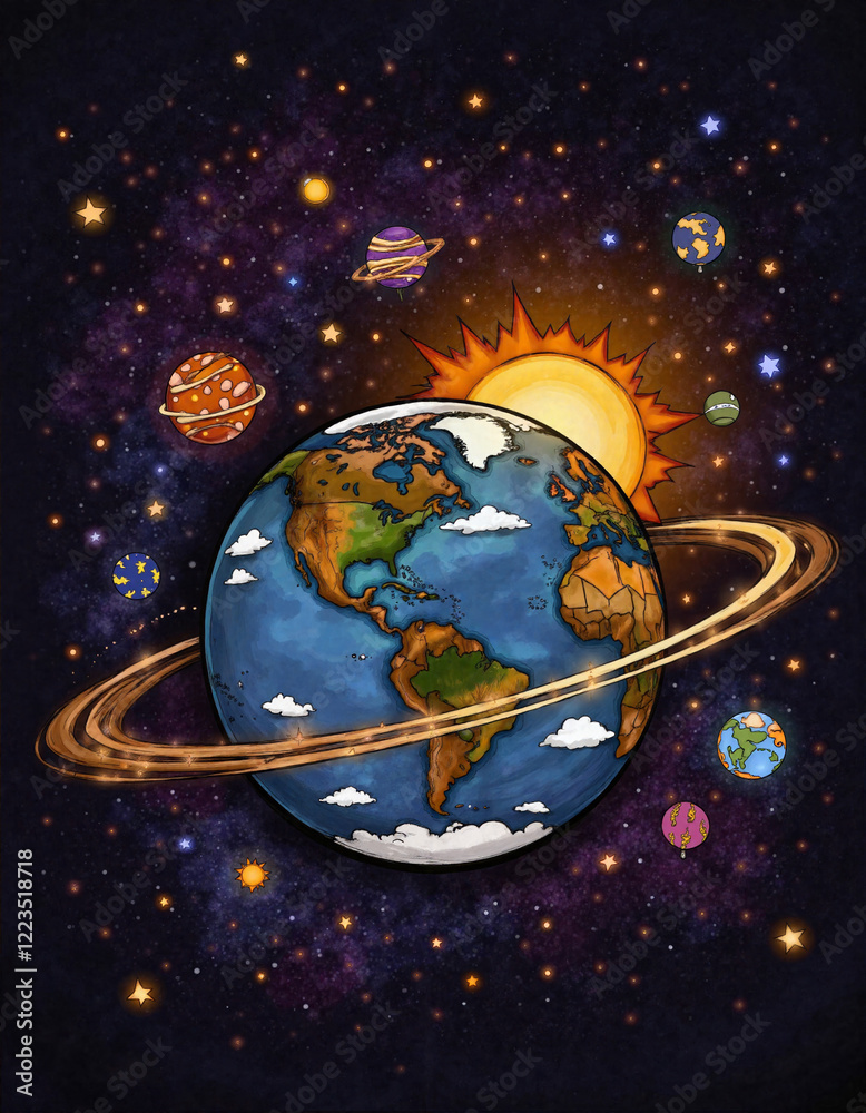 Fototapeta premium Colorful Earth and planets in space with sun