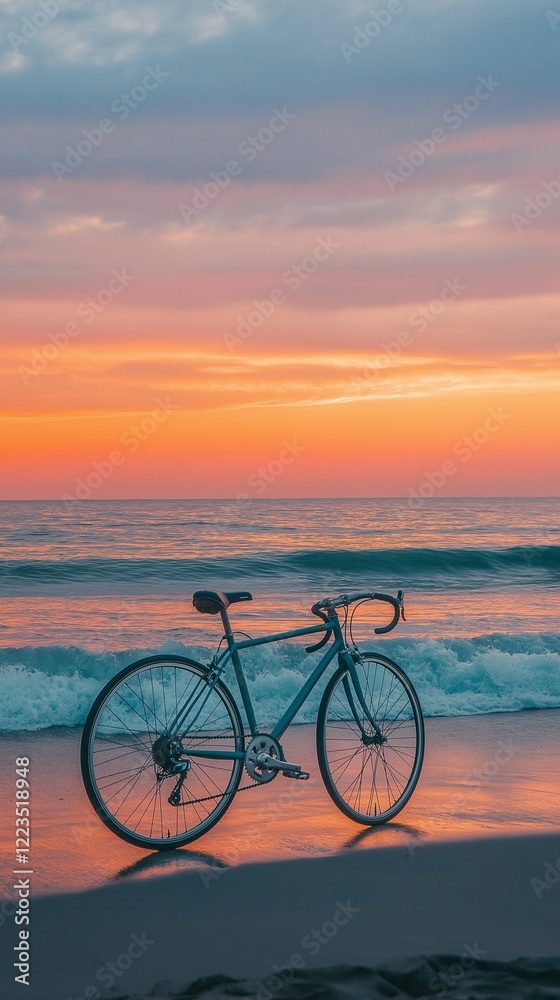 Obraz premium Road bike resting on a sandy beach near gentle waves, with the orange and pink hues of a sunset casting a warm glow over the serene coastal landscape