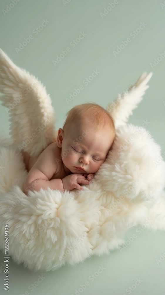 Sleeping baby with angel wings on a soft, fluffy white cloud in a serene and dreamy setting Sleeping baby with angel wings on a soft, fluffy white cloud in a serene and dreamy setting