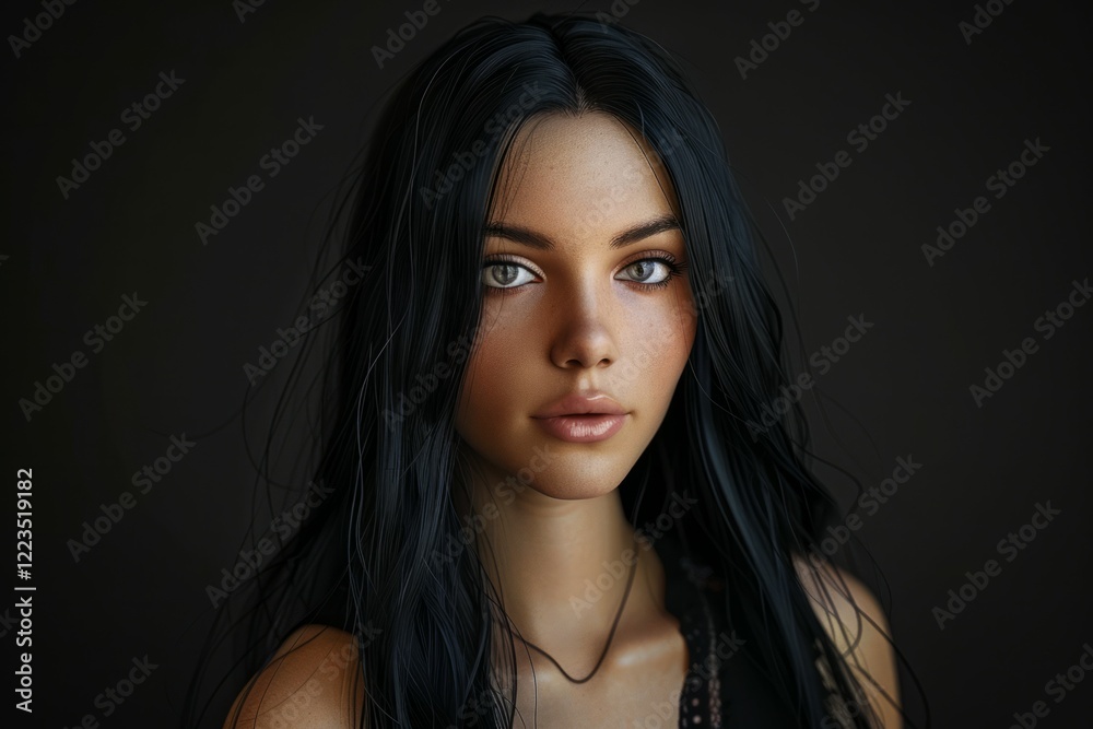 Fototapeta premium Beautiful young woman with long black hair posing on dark background. Neural network ai generated