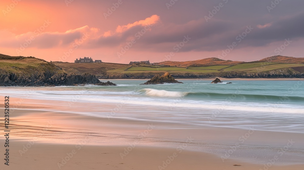 Serene Coastal Sunset Beach Scene With Distant Buildings Serene Coastal Sunset Beach Scene With Distant Buildings