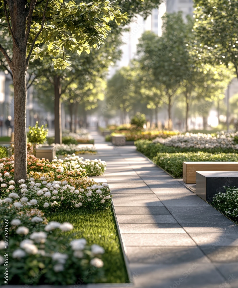 Obraz premium Beautiful urban park filled with blooming flowers and trees