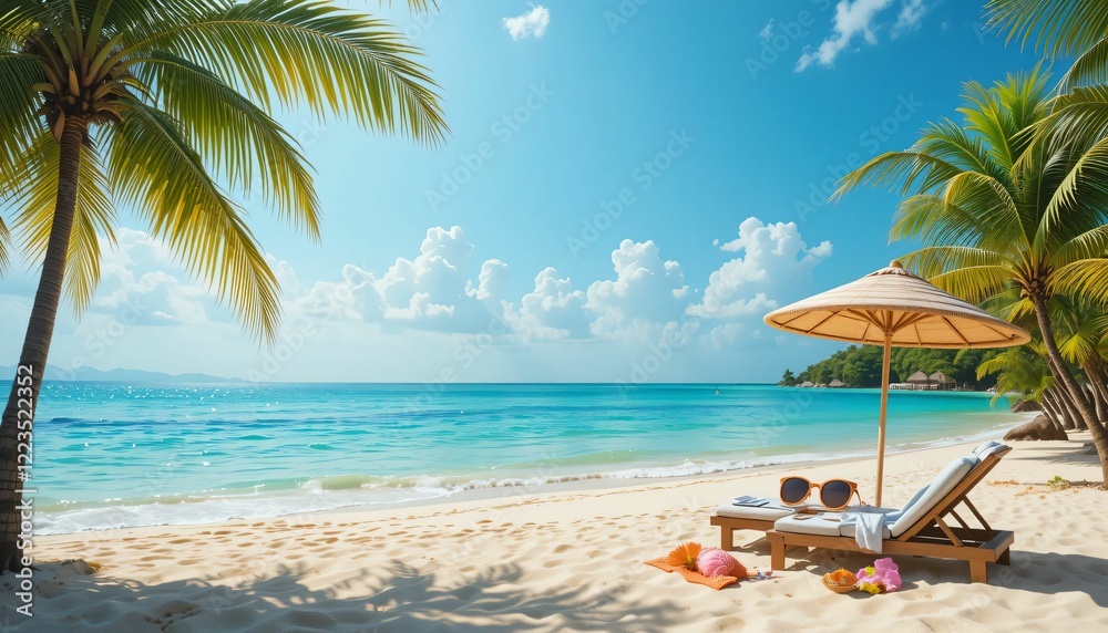 Tropical Beach Scene with Lounge Chairs and Umbrella Tropical Beach Scene with Lounge Chairs and Umbrella
