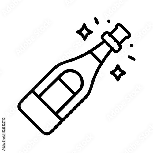 Popping Champagne Bottle Celebration Line Art  - Black and white line drawing of a champagne bottle popping, symbolizing celebration, party, festivity, special occasions, and luxury.  
