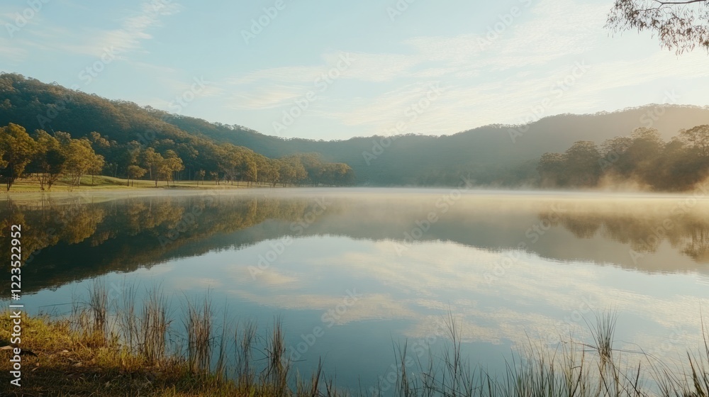 Fototapeta premium Serene morning mist over calm lake reflecting hills