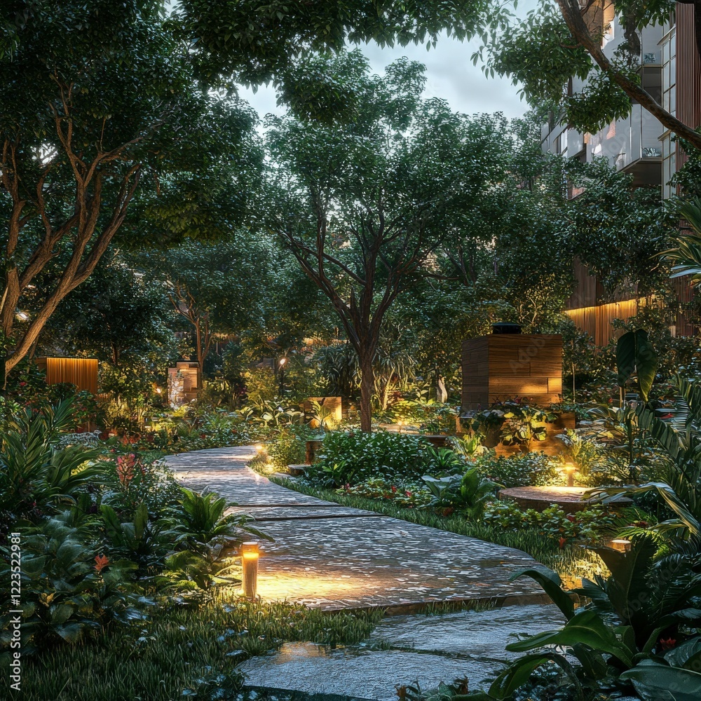 Tranquil garden pathway illuminated at dusk in an urban setting Tranquil garden pathway illuminated at dusk in an urban setting