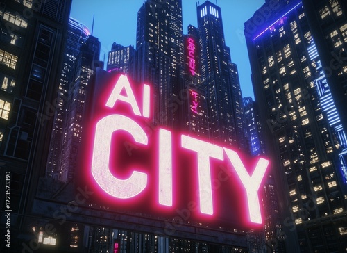 Neon Sign Illuminates Futuristic AICity Skyline photo