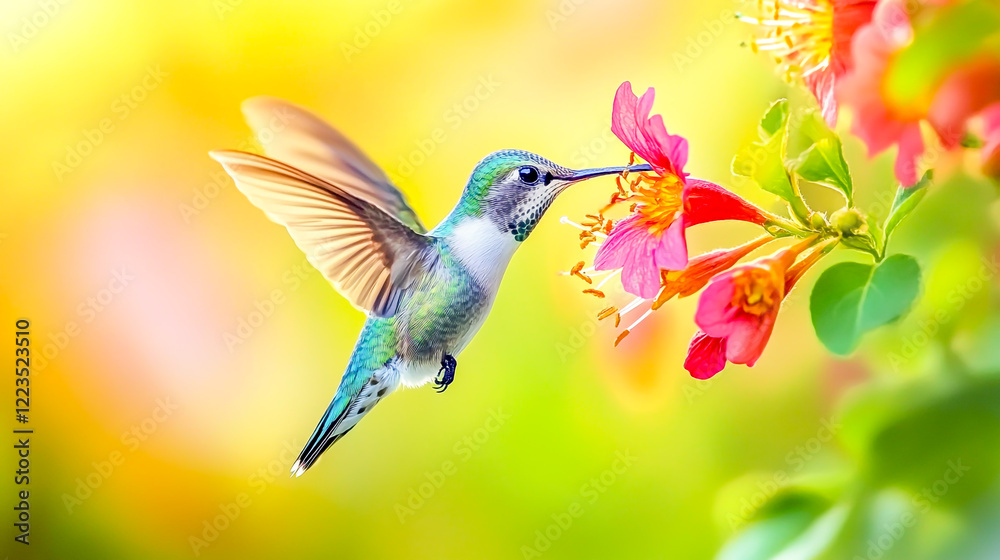 Naklejka premium Highlight the graceful beauty of a watercolor hummingbird delicately sipping nectar from a vibrant blossom