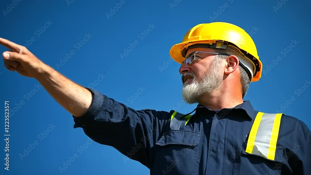 Experienced construction worker in a yellow hardhat and navy-blue overalls, confidently pointing toward an unfinished building while giving instructions to colleagues. Experienced construction worker in a yellow hardhat and navy-blue overalls, confidently pointing toward an unfinished building while giving instructions to colleagues.