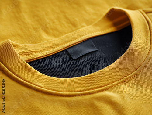 Closeup of yellow a t-shirt or swater collar label mockup  photo