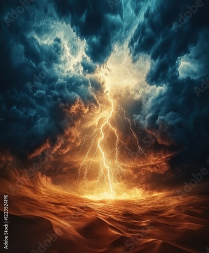 Dramatic lightning strike illuminating stormy desert landscape