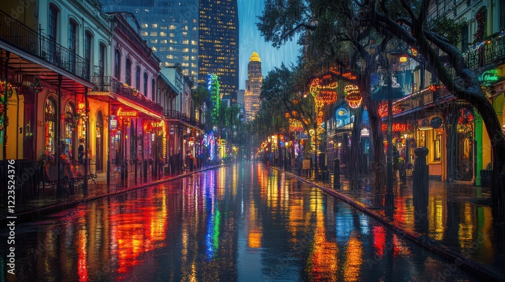 Fototapeta premium Rainy Night City Street Lights Reflecting In Wet Pavement