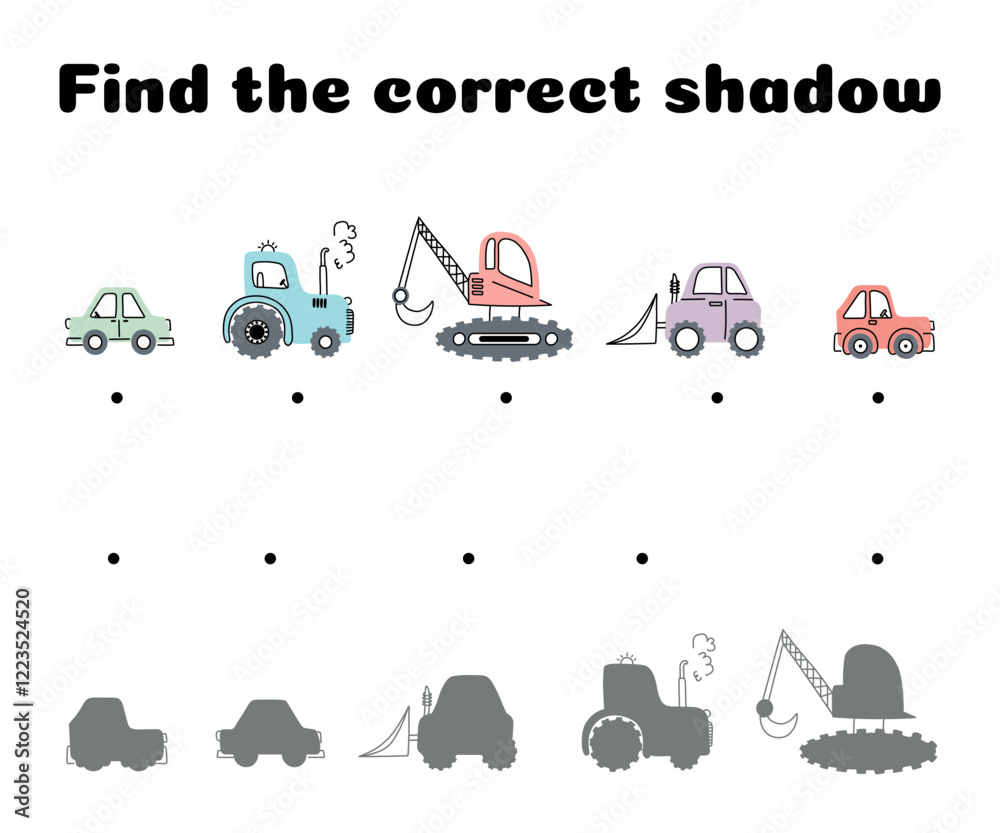 Obraz premium Find the correct shadow of the car. Educational logical game for kids. Educational matching game for kids. Worksheet for preschoolers. Vector