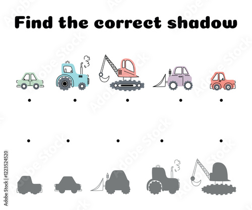 Find the correct shadow of the car. Educational logical game for kids. Educational matching game for kids. Worksheet for preschoolers. Vector