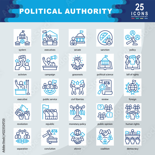 Political Authority icon set containing system, executives, senate, sanction, policy, activism, campaign, political science, civil liberties, monetary policy icon. Simple color outline vector