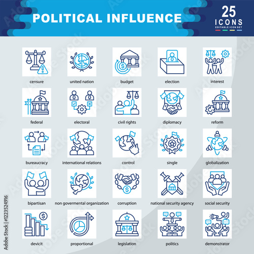 Political Influence icon set containing united nation, election, interest, federal, electoral, civil rights, diplomacy, bureaucracy, relations, bipartisan icon. Simple color outline vector