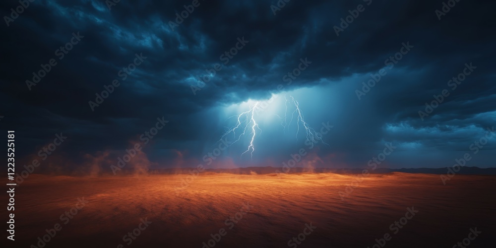 Dramatic lightning strikes over a desert landscape at dusk