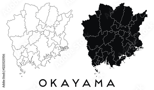 Okayama map of regions districts vector black on white and outline