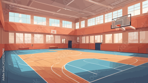 School gym flat color vector illustration. Gym with parquet floors for sports games. Basketball court 3D cartoon interior