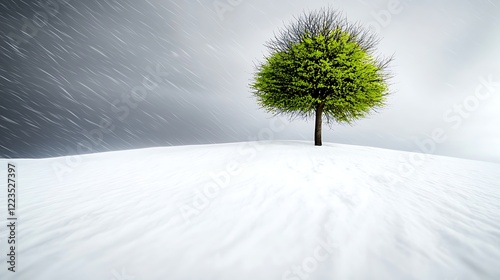 Lone tree, spring snow, field, blurred motion. Nature photography, website banner