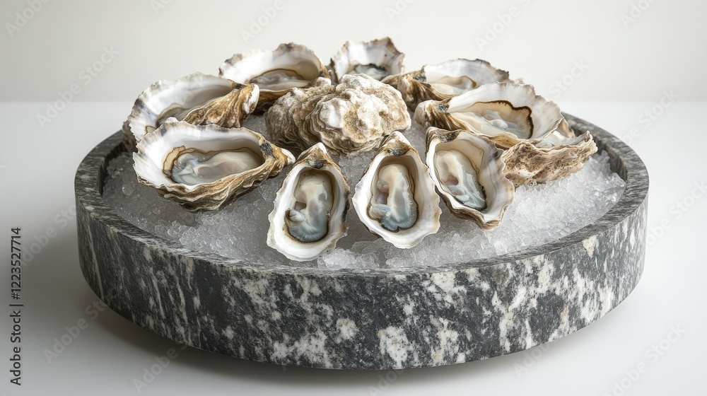 Freshly shucked oysters served on crushed ice in a stylish metal tray Freshly shucked oysters served on crushed ice in a stylish metal tray