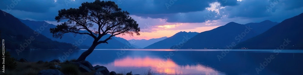 serene tree silhouetted by lake and mountains at night, nature, scenery, landscape serene tree silhouetted by lake and mountains at night, nature, scenery, landscape