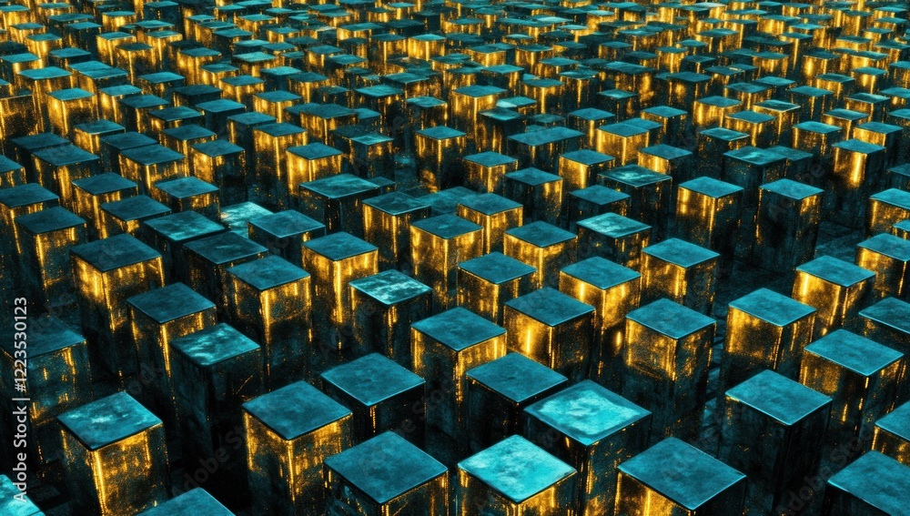 Fototapeta premium Abstract Cityscape: Teal and Gold Cubic Structures