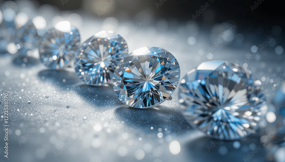 A series of brilliant diamonds are lined up, reflecting light with stunning clarity. The soft background enhances their sparkle, creating an elegant display of luxury A series of brilliant diamonds are lined up, reflecting light with stunning clarity. The soft background enhances their sparkle, creating an elegant display of luxury
