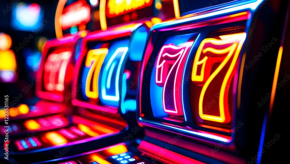 Obraz premium Casino Jackpot 777, neon casino slots machine, Casino slot machine jackpot lights flashing as winner celebrates, Lucky Number 777, Neon slot machine displaying three sevens, vibrant and exciting