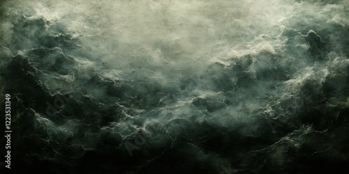 Vintage toned seascape featuring dark green waves breaking dramatically, generating intense white foam against rocky coastline