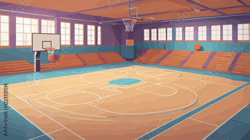 School gym flat color vector illustration. Gym with parquet floors for sports games. Basketball court 3D cartoon interior