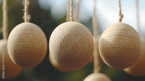 Polished wooden spheres and cubes floating in an abstract composition.