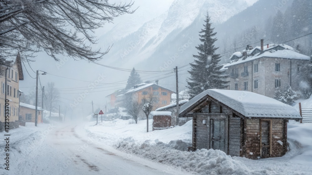 Snowy Small Mountain Town Covered in White Winter Blanket. Generative AI Snowy Small Mountain Town Covered in White Winter Blanket. Generative AI