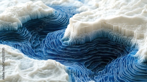 Navy Quantum Waves Disrupting Ivory Geological Stratifications: A Synthetic Topographical Visualization of Technological Intervention in Natural Systems. photo