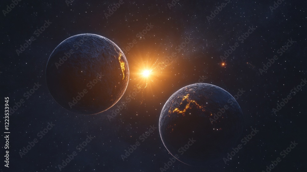 Obraz premium Two Planets Orbiting A Bright Star In Deep Space