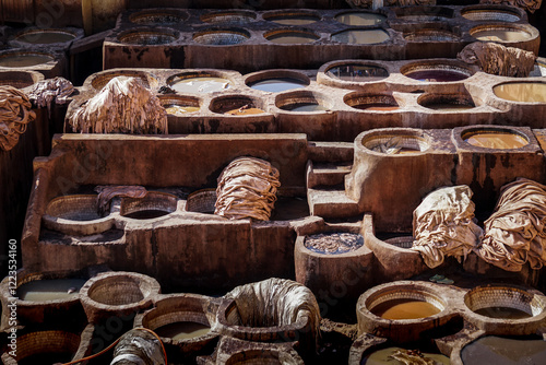 high angle view of leather tannery in Fes town medina