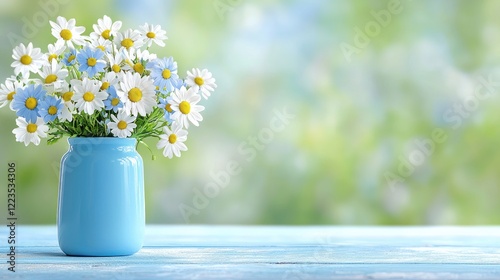 Wallpaper Mural Daisies in blue vase on wooden table, spring garden background, for greeting cards Torontodigital.ca