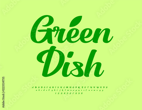 Vector Vegan label Green Dish. Stylish Cursive Font. Calligraphic Set of Green Alphabet Letters and Numbers.