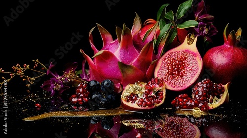 A luxurious fruit arrangement with exotic fruits like dragon fruit, pomegranate, and figs, adorned with gold leaf and edible flowers. Dramatic lighting enhances the rich reds, purples, and golds. photo