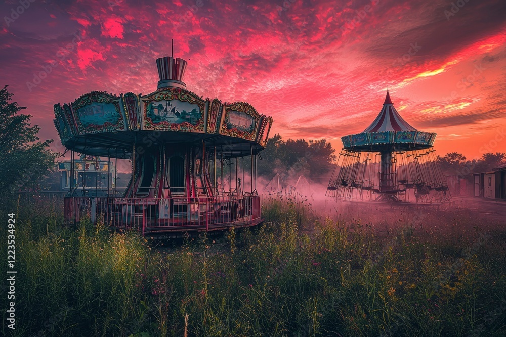 Naklejka premium Abandoned Carousel Rides Under a Crimson Sunset Sky