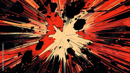 Bold Comic Book Explosion Graphic in Black and Red, Featuring Dynamic Action, Striking Visuals, and High-Impact Design for an Energetic, Attention-Grabbing Effect