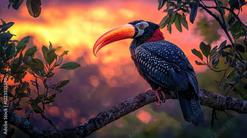 Obraz premium Spectacular Sunset with A Collared Aracari Perched on a Branch