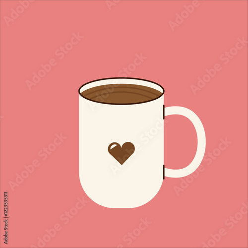 Flat-style illustration of a coffee mug with a heart design, filled with a warm drink, perfect for cafe branding, cozy-themed projects, coffee menus, or lifestyle visuals.