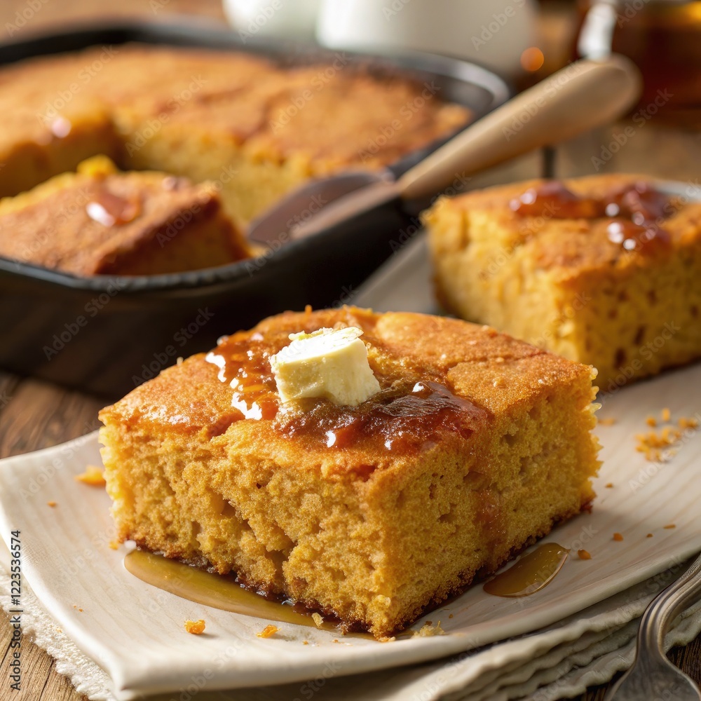 Delicious Cornbread Served With Butter and Syrup on a Plate. Generative AI Delicious Cornbread Served With Butter and Syrup on a Plate. Generative AI