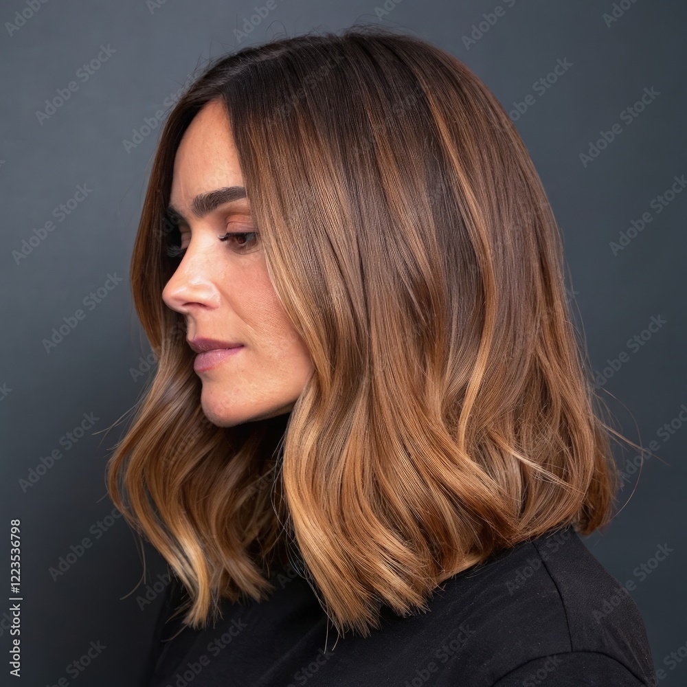 High Quality Medium Cut With Caramel Highlights for Stylish Look. Generative AI High Quality Medium Cut With Caramel Highlights for Stylish Look. Generative AI