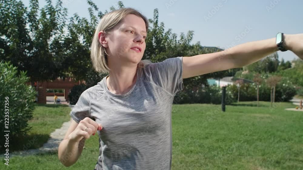 Young woman boxing in park, confident female fights back all problems Young woman boxing in park, confident female fights back all problems