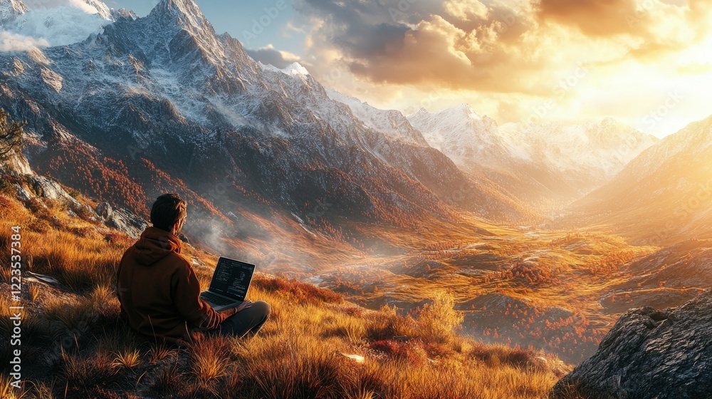 Fototapeta premium Working remotely in stunning mountain landscape at sunset
