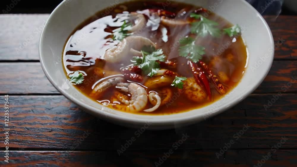 Delicious and aromatic spicy soup featuring shrimp, mushrooms, and fresh herbs on dark background Delicious and aromatic spicy soup featuring shrimp, mushrooms, and fresh herbs on dark background